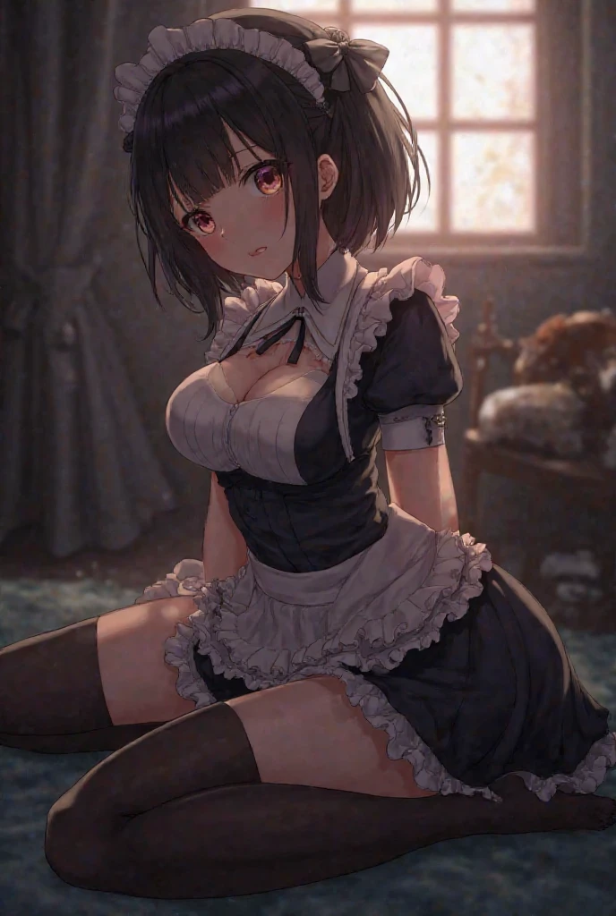 (adult woman:1.3)、exact number of fingers、Exact number of legs、Exact number of arms、bangs, Ribbon ponytail, brown hair, (blush:1), (Leaning on the desk with hands on it:1), ((stylish maid clothes, Ribbon at collar:1.4)), ((Stylish underwear with many luxurious decorations:1.3), (blue lace panties:1.3)), garter belt、knee socks、 beautiful big breasts, slender body, (flip the skirt yourself:1.4), highest quality, High resolution, highly detailed face, perfect lighting, Very detailed CG, (perfect hands, perfect anatomy), embarrassed expression, whole body