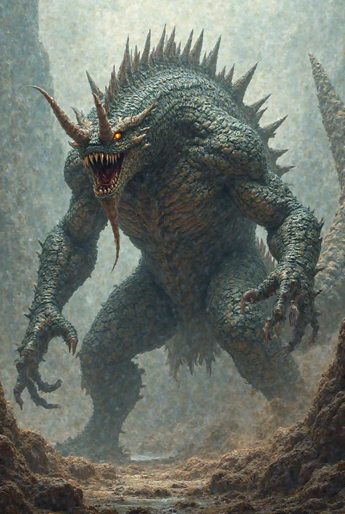 A digital painting of a giant Tyranid Mawloc. The creature is depicted as a massive, serpentine monster with a gaping mouth filled with sharp teeth. Its body is covered in chitinous armor and it has a long, spiked tail. The Mawloc is shown emerging from the ground, its body surrounded by clouds of dust and debris. In the background, a hive city can be seen in the distance. By Sevra.