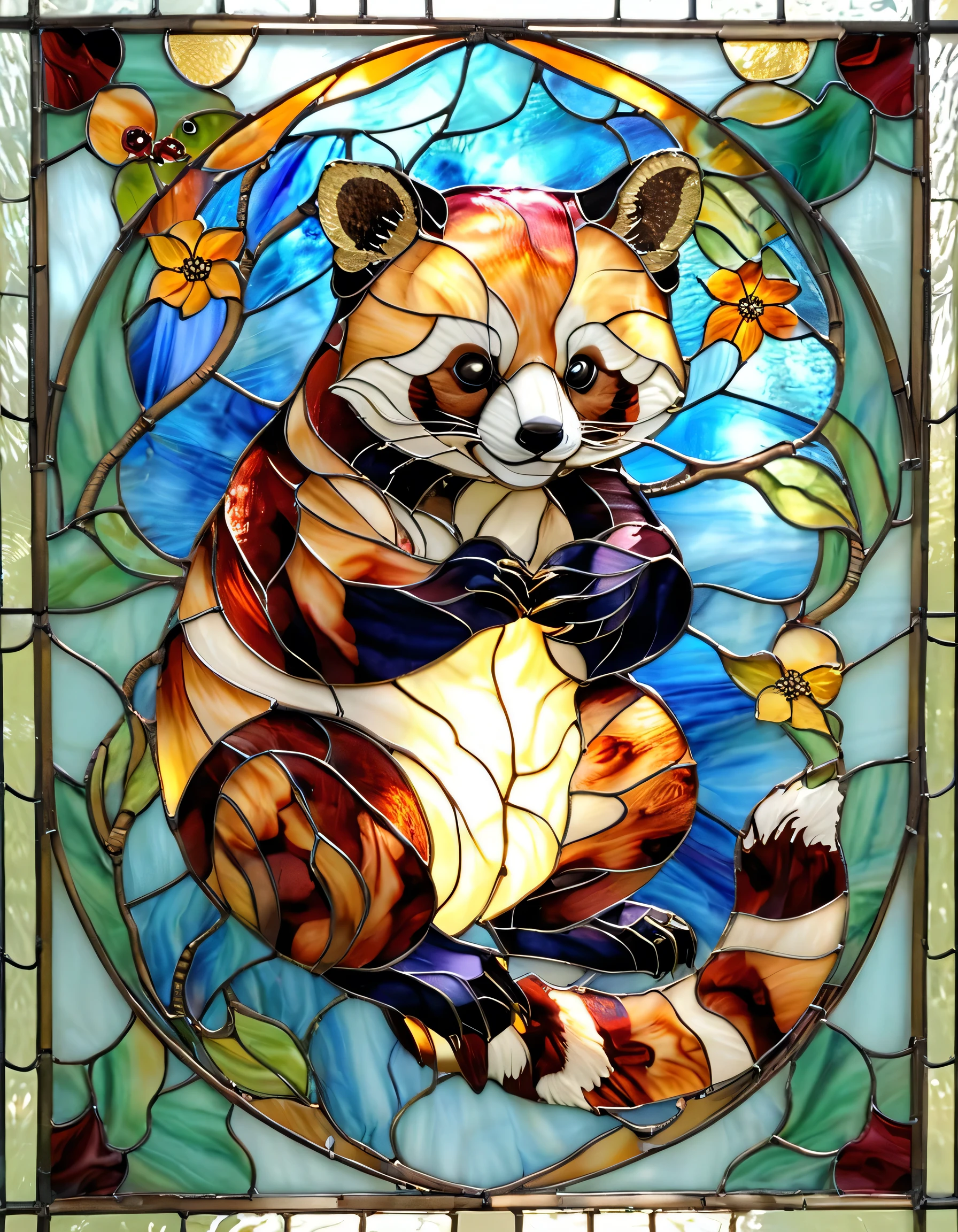 This beautifully designed stained glass work features an adorable red panda sitting gracefully facing forward. Its large, expressive eyes give it a charming, innocent look. The fur is painted in soft brown, which contrasts elegantly with the colorful stained glass background. The red panda is surrounded by intricate floral and nature-like patterns in soft blues, greens, and golds, adding to the magical and elegant atmosphere. The glass pieces are meticulously crafted, allowing the light to shine through them, giving them a warm and ethereal glow. The overall design is reminiscent of classic cathedral stained glass, harmoniously blending realism and artistic stylization.