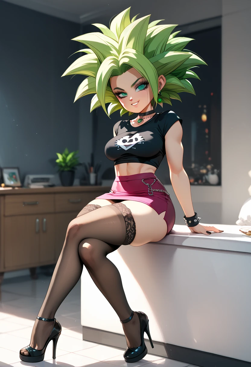 (Masterpiece), (Best quality), 1fille,sitting on a comfortable sofa,crossing legs,Soft Light, Kefla, KeflaSS, Super Saiyan, (grosse poitrine :1.3), crop top, grande robe, muscles, ABS, big boobs