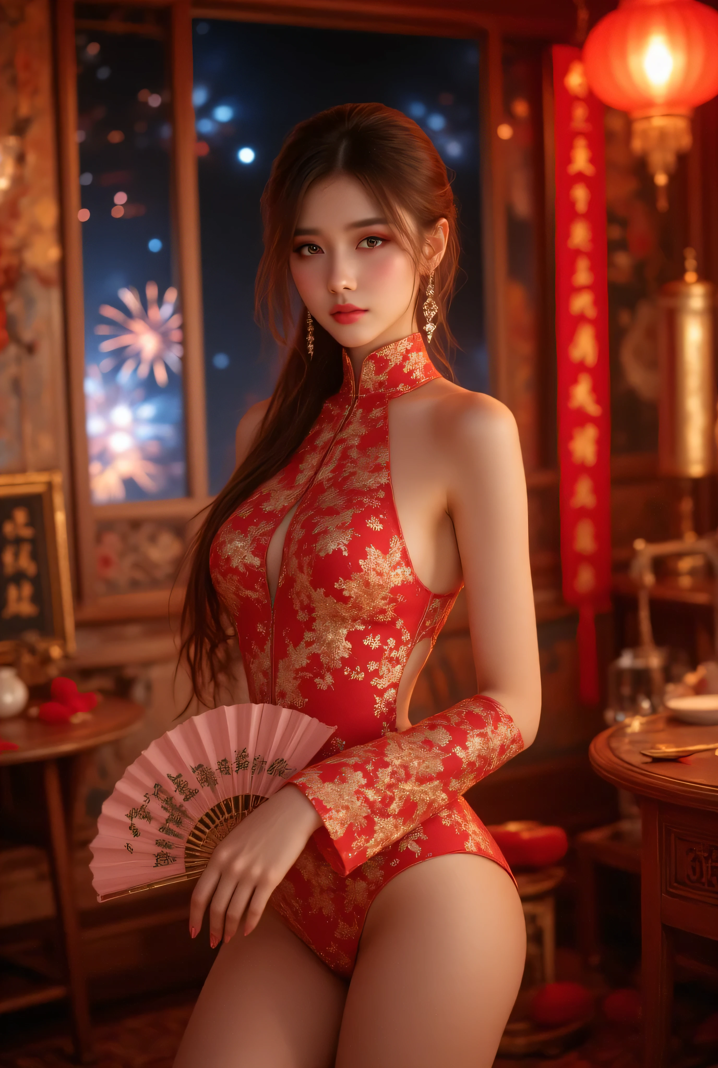 Cat ears、 fßace up, attractive, pretty girl, ponytail、 (( fine facial features , eroticism)), dramatic lighting , realistic , 8k, Dramatic Shadows , intricate and elaborate patterns , super detailed photo , chiaroscuro lighting , Pleasant colors , deep contrast , super real 、 pink lipstick、 pretty earrings, pretty necklace, pretty hairpin, warm room、Vintage Fireplace 、 cinematic composition、Close-up of face, shining jewelry, pretty half part transparent open shoulder loose outfits dress, tang style, A beautiful Korean idol wearing a short colourful tightly cheongsam with phoenix and intricate floral golden embroidery, golden and silver outline on dress, hand with pink feathers paper fan and paper fan have golden ink drawing on it, standing gracefully in a room filled with traditional Chinese New Year decorations. The room features vibrant red lanterns, decorative calligraphy scrolls, a small Chinese orange tree with golden ornaments, and several red envelopes scattered across the floor and hanging from the tree. Adorable, playful cats are part of the scene—some sitting near the tree, others curiously pawing at the red envelopes or lounging around. Through a window or an open door in the background, vibrant Chinese fireworks light up the night sky in an array of reds, golds, and blues, casting a magical glow into the room. The idol’s outfit is paired with subtle accessories like red hairpins or earrings, complementing the festive look. The atmosphere is warm and lively, filled with the joyful essence of the celebration, enhanced by the shimmering lights of the fireworks and the lively decor.