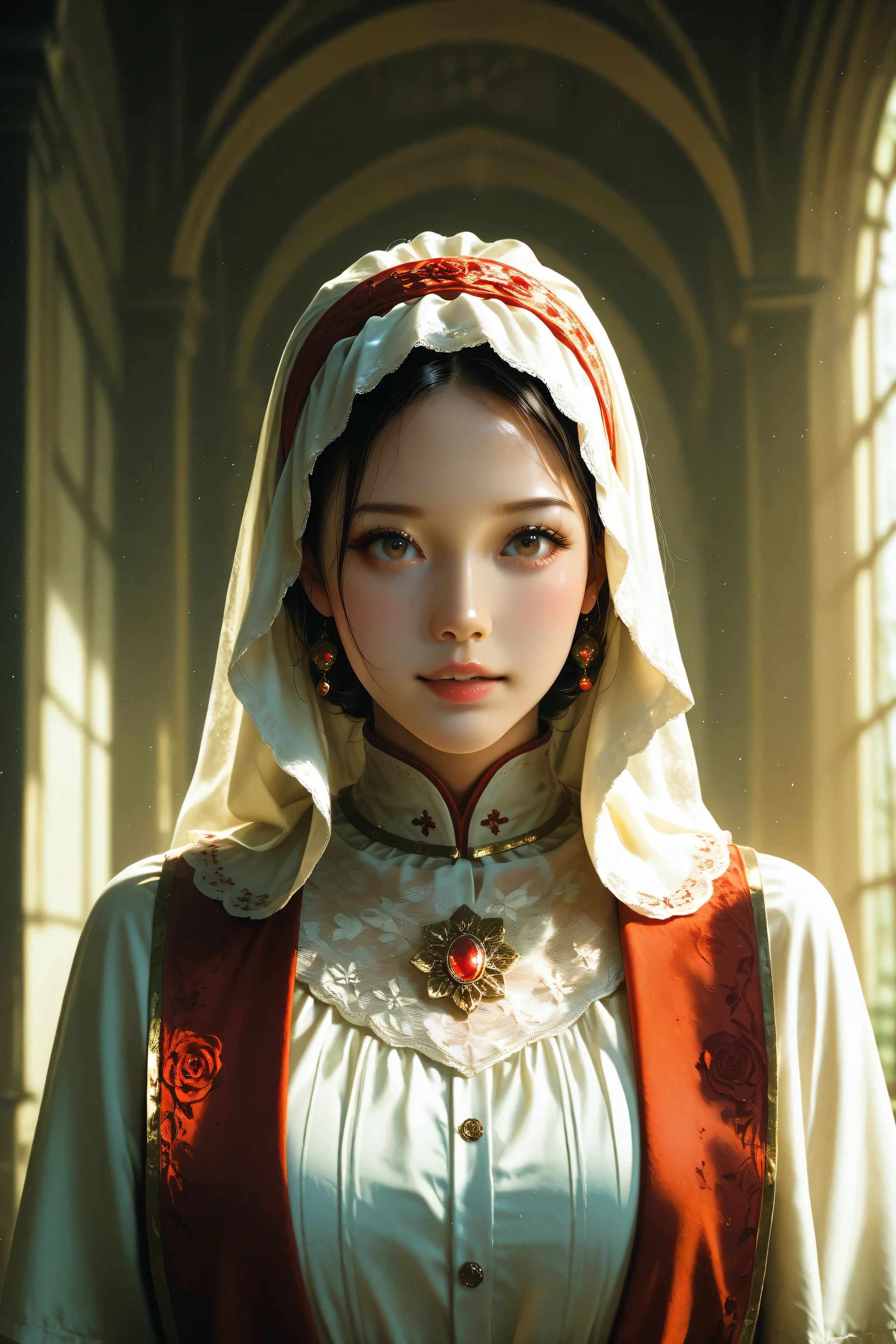 (Masterpiece))), ((Best Quality)), ((Ultra Detailed)), (Surreal), (Highly Detailed CG Illustration), Cinematic Light, Realistic, Very Beautiful Little Girl, Light Makeup, Intricate Details EABA, White Complex Cloak, Dynamic Pose