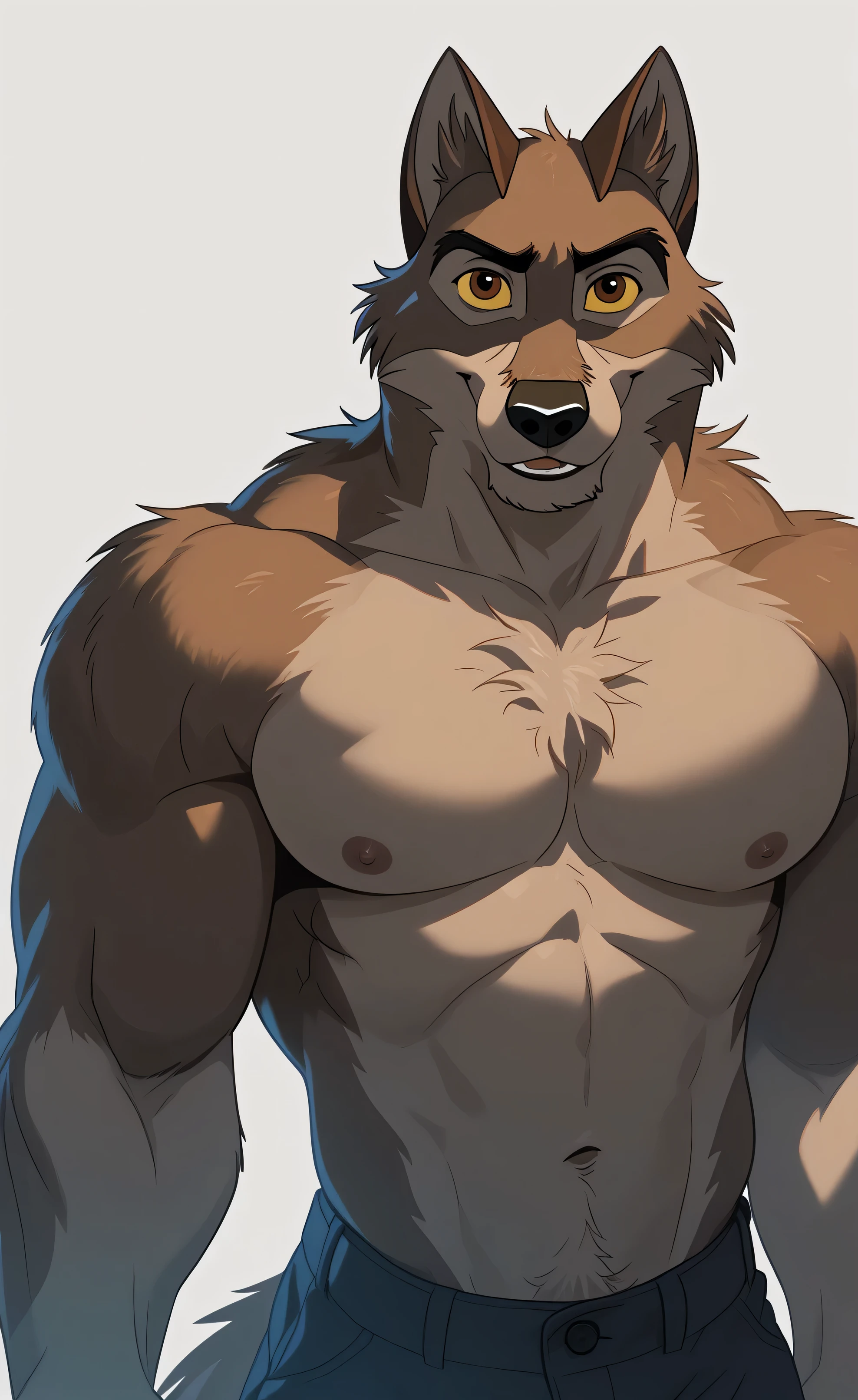 baltotwd, wolfdog, balto, brown eyes, yellow sclera, solo, detailed, detailed face, black eyes, anthro body, male, adult, muscular, cartoon shading, cel shaded:1.0, flat colors, (no background, white background):1.5, shirtless, wfa style, negger style, cartoony anatomy, above waist, looking at viewer, posing, smile