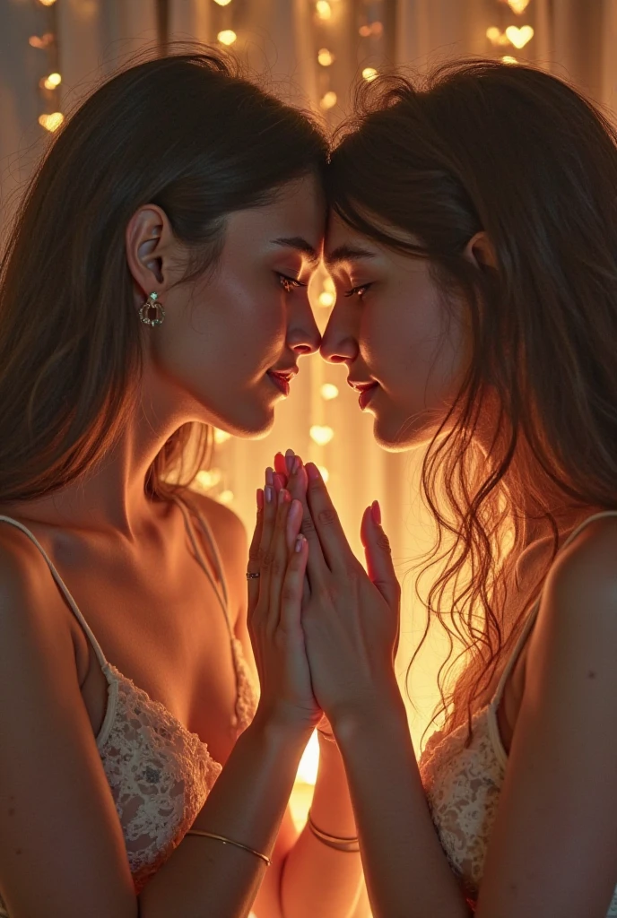 Two young Arabic girls , praying, worshipping, candle lighting, oily body, topless, chamber background