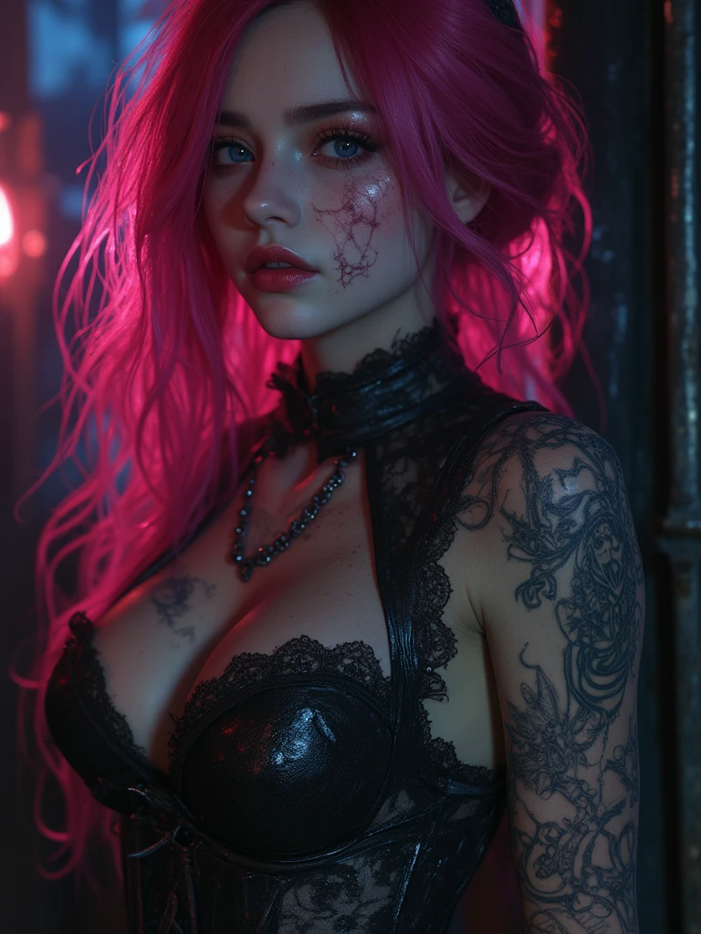 naked, nsfw, skini girl, grey t-shirt , (((((pale skin)))))), blue eyes, white girl, deep pink hair, ultra realistic, 16 years old,large breast, (((huge breast))), ponytail hair,dark tunnel full of skulls with little light background, candle lights, blood in face, scarry face, gore,((tattoo skull breast))