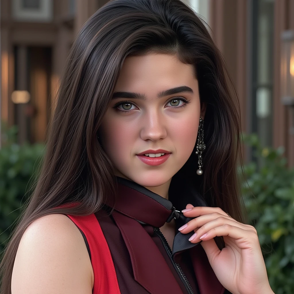 Photo of a 20 year old brunette woman, that has a very natural face, thin lips, thin eyes, thin eyebrows, thin nose, long eyelashes. She's wearing a red dress in a night club with red lights. Showing her full body