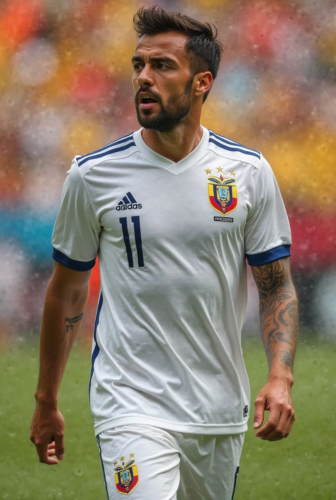 A strong hairy and bearded Puerto Rican man wearing the El Salvador national football team uniform. He must wear a blue shirt with white details and the Salvadoran Football Federation shield on the chest.. The shorts must be white with blue details., and the socks, blue with a white stripe. His expression should be confident, e a pose, Stately, reflecting their strength and pride by wearing the uniform, next to a player from the Brazilian national team giving an interview on TVcampo at the stadium.