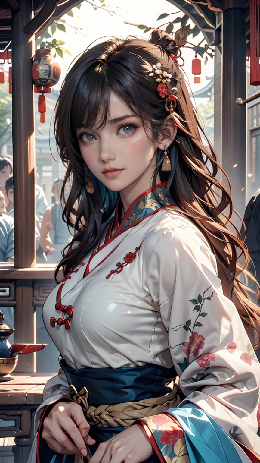 One girl,Upper Body,Fashionable Girl,China dress,Chinese clothing,Hair Flower,(masterpiece:1.4),(Highest quality:1.4),(Glowing Skin),Red lips,View your viewers,Large Breasts,Lips parted