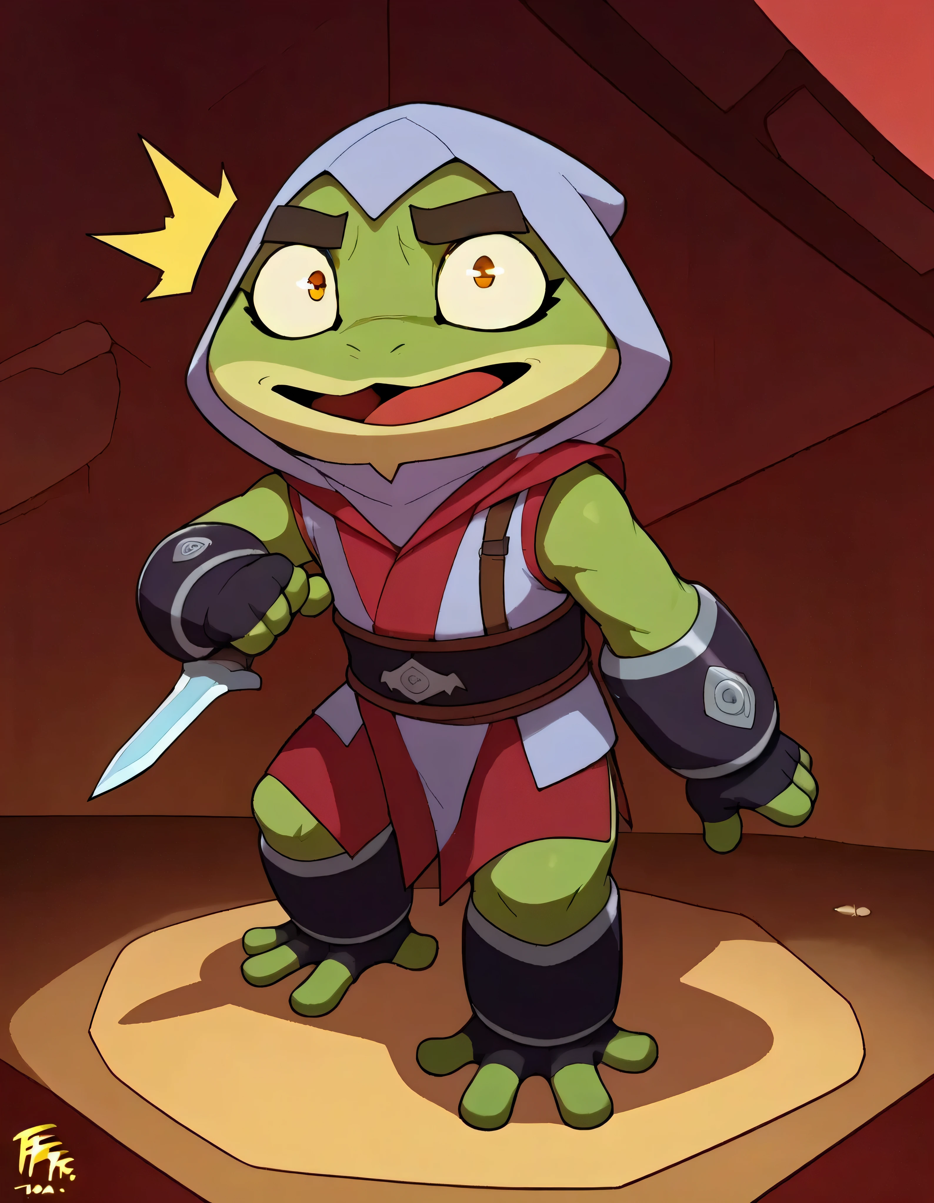 score_9_up, score_8_up, score_7_up, score_6_up, ,high quality, detailed, best quality, solo, rating_safe, source_furry, (FBF:1.6), lora FBullfrog, 1boy, chibi, kawaii, huge eyes, detail eyes, thick eyebrows, ninja outfit, assassin, hooded, dagger, wearing armored gloves and boots, expressive, characteristic toony, sneaky, suprised, stealth failed, throw daggers, open mouth,