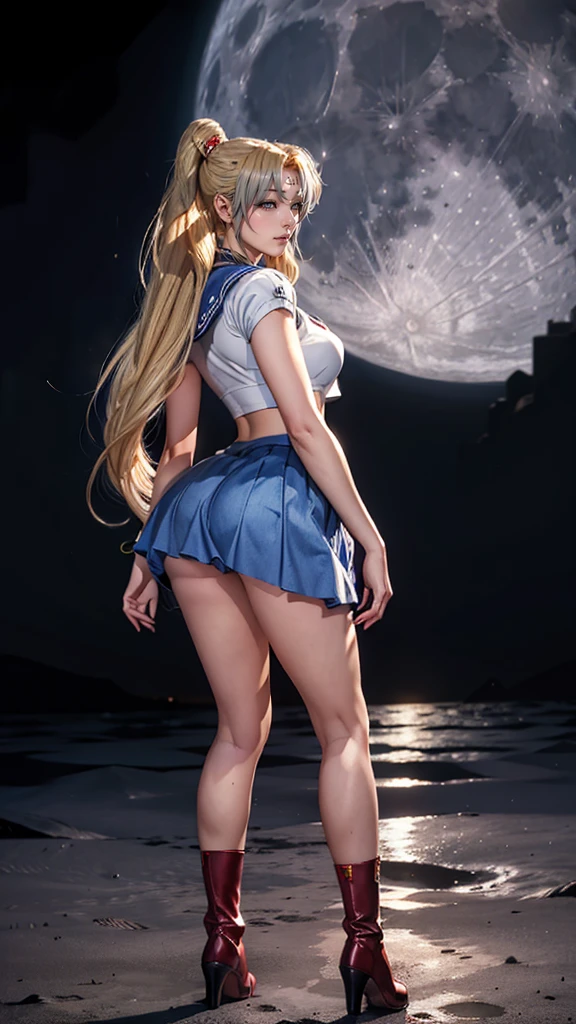 Serena Tsukino, Sailor Moon, sexy y hermosa, semidesnuda, iconic white and blue battle suit, tiene su cetro lunar en la mano,very sexy small clothes,joven, cuerpo muy delgado, super skynny body, small and beautiful buttocks, abdomen tonificado, puedo ver sus senos hermosos y perfectos,piernas hermosas, manos perfectas, intelligent, obscena, poderosa, sensual, In the background is the Tokyo Tower of Japan, se observa la luna grande en el fondo,mirada sensual, ojos hermosos,cabello muy largo, classic pigtails hairstyle,Hair dyed in bright blonde color, Best quality,8K,A high resolution,Masterpiece,Ultra detailed,Realistic, Photorealistic,photo realistic
