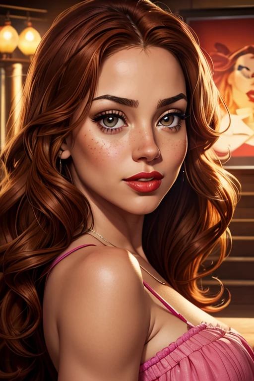 (a cute woman:1.2,sexy pose:1.2,smiling),beautiful face,curly hair,sparkling eyes,red lips,shiny glow.