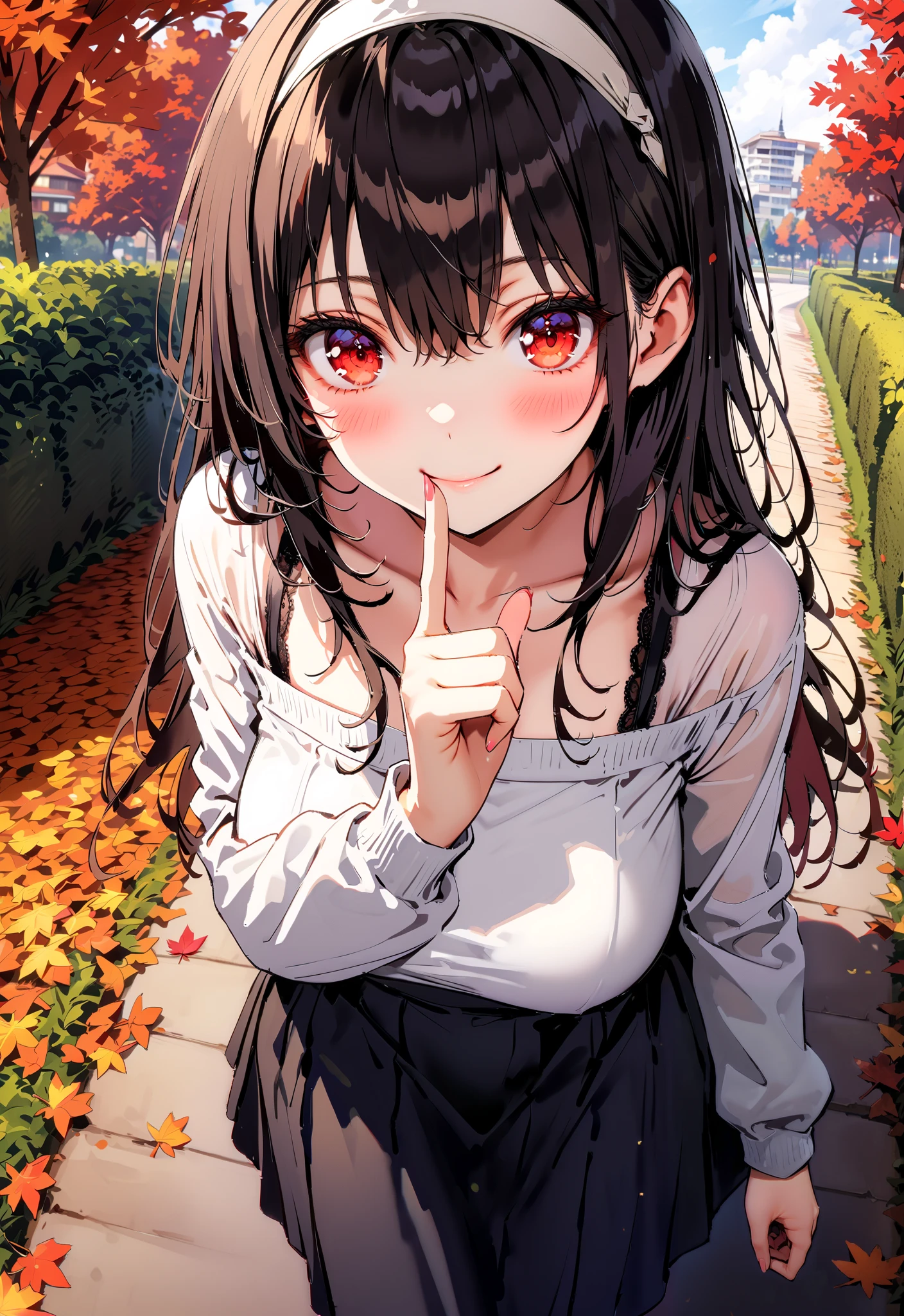 score_9, score_8_up, score_7_up, source_anime, Uta ha Kasumigaoka, black hair, white headband , long hair, red eyes, Big Breasts,smile,blush,close your mouth,white one-shoulder sweater,Black long skirt, Bbo~,autumn leaves,autumn,Trail,Walking,noon,full bodyがイラストに入るように, break outdoors, garden,
break looking at viewer,full body,
break (masterpiece:1.2),Highest quality , kampala, Unity 8K Wallpaper ,(shape:0.8),( fine, beautiful eyes :1.6),It's a person ,full body写真,CG Details , ( perfect hands, complete anatomy),