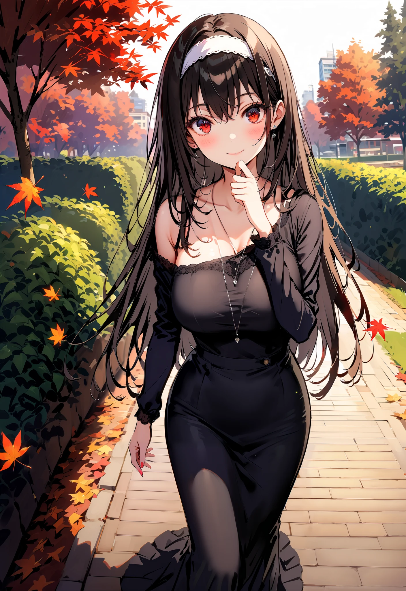 score_9, score_8_up, score_7_up, source_anime, Uta ha Kasumigaoka, black hair, white headband , long hair, red eyes, Big Breasts,smile,blush,close your mouth,white one-shoulder sweater,Black long skirt, Bbo~,autumn leaves,autumn,Trail,Walking,noon,full bodyがイラストに入るように, break outdoors, garden,
break looking at viewer,full body,
break (masterpiece:1.2),Highest quality , kampala, Unity 8K Wallpaper ,(shape:0.8),( fine, beautiful eyes :1.6),It's a person ,full body写真,CG Details , ( perfect hands, complete anatomy),