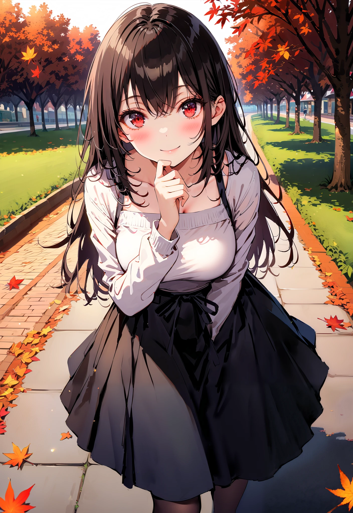 score_9, score_8_up, score_7_up, source_anime, Uta ha Kasumigaoka, black hair, white headband , long hair, red eyes, Big Breasts,smile,blush,close your mouth,white one-shoulder sweater,Black long skirt, Bbo~,autumn leaves,autumn,Trail,Walking,noon,full bodyがイラストに入るように, break outdoors, garden,
break looking at viewer,full body,
break (masterpiece:1.2),Highest quality , kampala, Unity 8K Wallpaper ,(shape:0.8),( fine, beautiful eyes :1.6),It's a person ,full body写真,CG Details , ( perfect hands, complete anatomy),