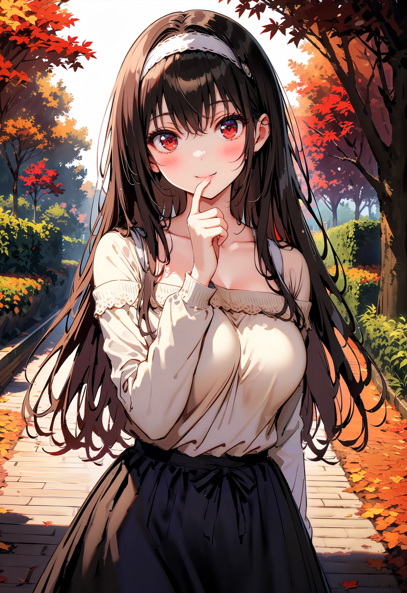  score_9,  score_8_up,  score_7_up,  source_anime, Uta ha Kasumigaoka,   black hair,  white headband ,  long hair, red eyes, Big Breasts,smile,blush,close your mouth,white one-shoulder sweater,Black long skirt, Bbo~,autumn leaves,autumn,Trail,Walking,noon,full bodyがイラストに入るように,                                                                      break outdoors, garden,
break looking at viewer,full body,
break (masterpiece:1.2),Highest quality , kampala, Unity 8K Wallpaper ,(shape:0.8),(  fine, beautiful eyes  :1.6),It's a person ,full body写真,CG Details , ( perfect hands, complete anatomy),