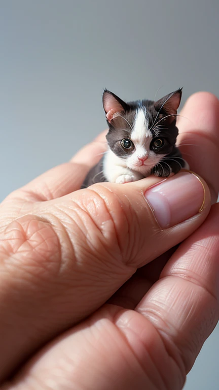 Capture a close-up shot with a shallow depth of field, showcasing a tiny bulldog, finger-sized cat resting gently on human fingers. Emphasize fine textures, with soft shadows enhancing the miniature creature's details. Background blur adds depth, drawing attention to the animal's unique features