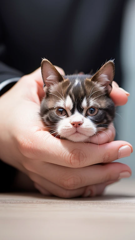 Capture a close-up shot with a shallow depth of field, showcasing a tiny bulldog, finger-sized cat resting gently on human fingers. Emphasize fine textures, with soft shadows enhancing the miniature creature's details. Background blur adds depth, drawing attention to the animal's unique features