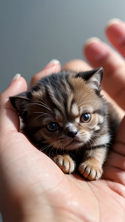 Capture a close-up shot with a shallow depth of field, showcasing a tiny bulldog, finger-sized cat resting gently on human fingers. Emphasize fine textures, with soft shadows enhancing the miniature creature's details. Background blur adds depth, drawing attention to the animal's unique features