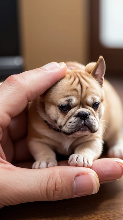 Capture a close-up shot with a shallow depth of field, showcasing a tiny bulldog, finger-sized cat resting gently on human fingers. Emphasize fine textures, with soft shadows enhancing the miniature creature's details. Background blur adds depth, drawing attention to the animal's unique features