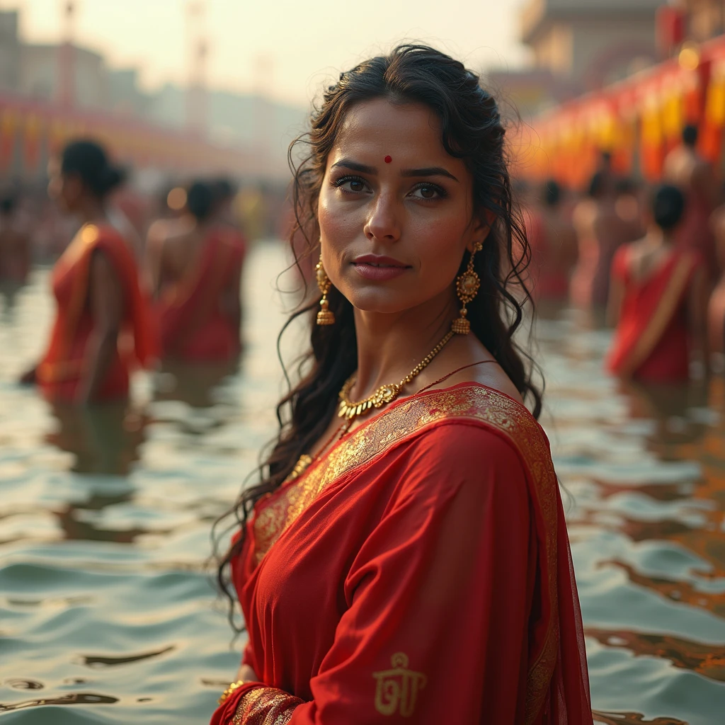 Young Marathi woman, curvy hourglass body, in Desi Lake, old men's together swimming