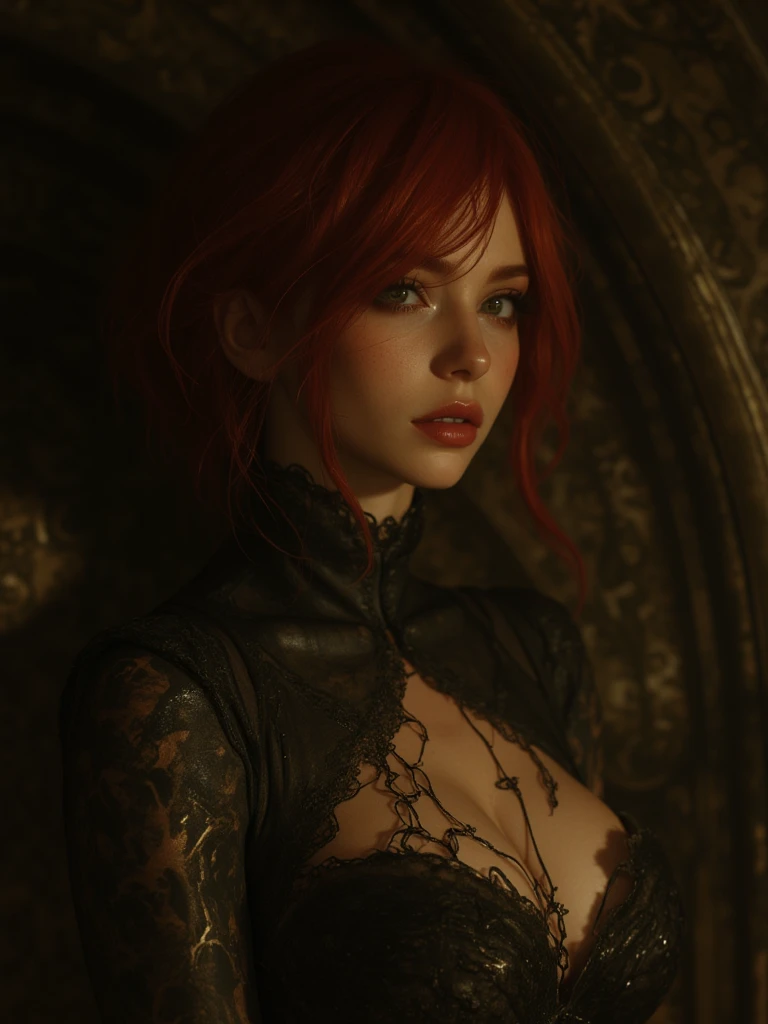 araffe woman in a black bodysuit with a red headband and a choker, seductive cyberpunk dark fantasy, succubus | medieval, cinematic goddess body shot, diablo 4 lilith, beautiful necromancer girl, deviantart artstation cgscosiety, fantasy style 8 k octane render, stefan gesell, sensual gloomy style, beautiful necromancer