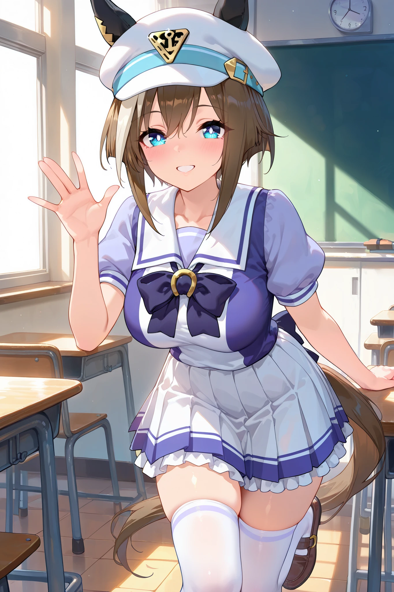 1girl,classroom,waving,
cheval grand (umamusume),nsfw,
tracen school uniform, summer uniform, serafuku, puffy short sleeves, purple bowtie, horseshoe ornament, sailor collar, sailor shirt, purple shirt, white skirt, pleated skirt, frills, miniskirt, zettai ryouiki, white thighhighs, brown footwear, loafers,busty,((masterpiece)), (best quality), 8k,(absurdres), (ultra detailed), (very aesthetic)```,long_eyelashes/mascara,glowing skin,looking at viewer,blush,smile,