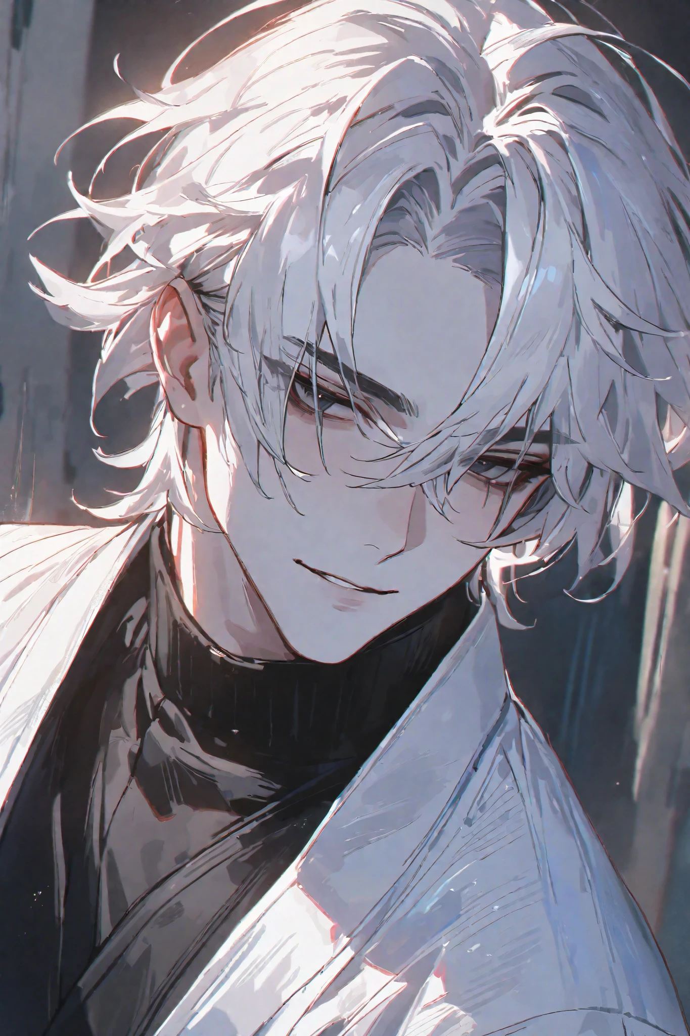 impasto, short hair, masterpiece, best quality, 1 man , white hair, bangs, perfect face , black eye , handsome male , Alone, pale skin , adult male , upper body , delicate line drawing,Extremely detailed , a faint smile, black turtleneck, kimono,검정색 배경 ,상,얼굴을 위로 하여 멸시하다