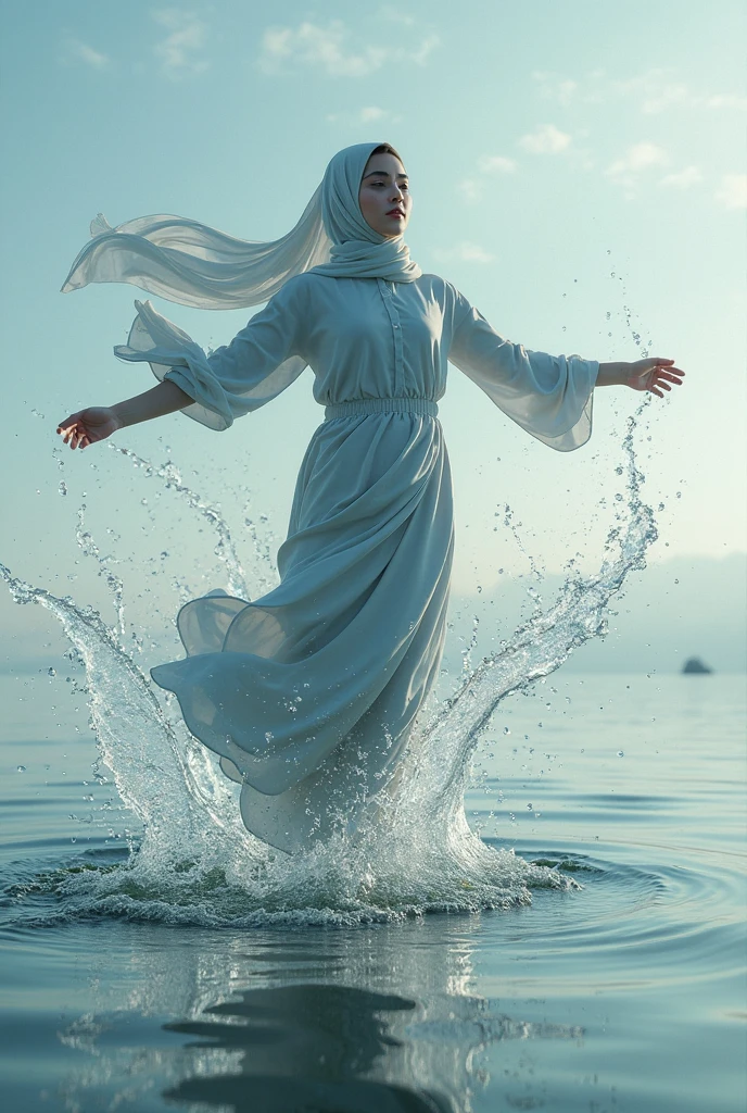 dancer hijab woman,controlling the sea waves,splatting water,splash,realistic image