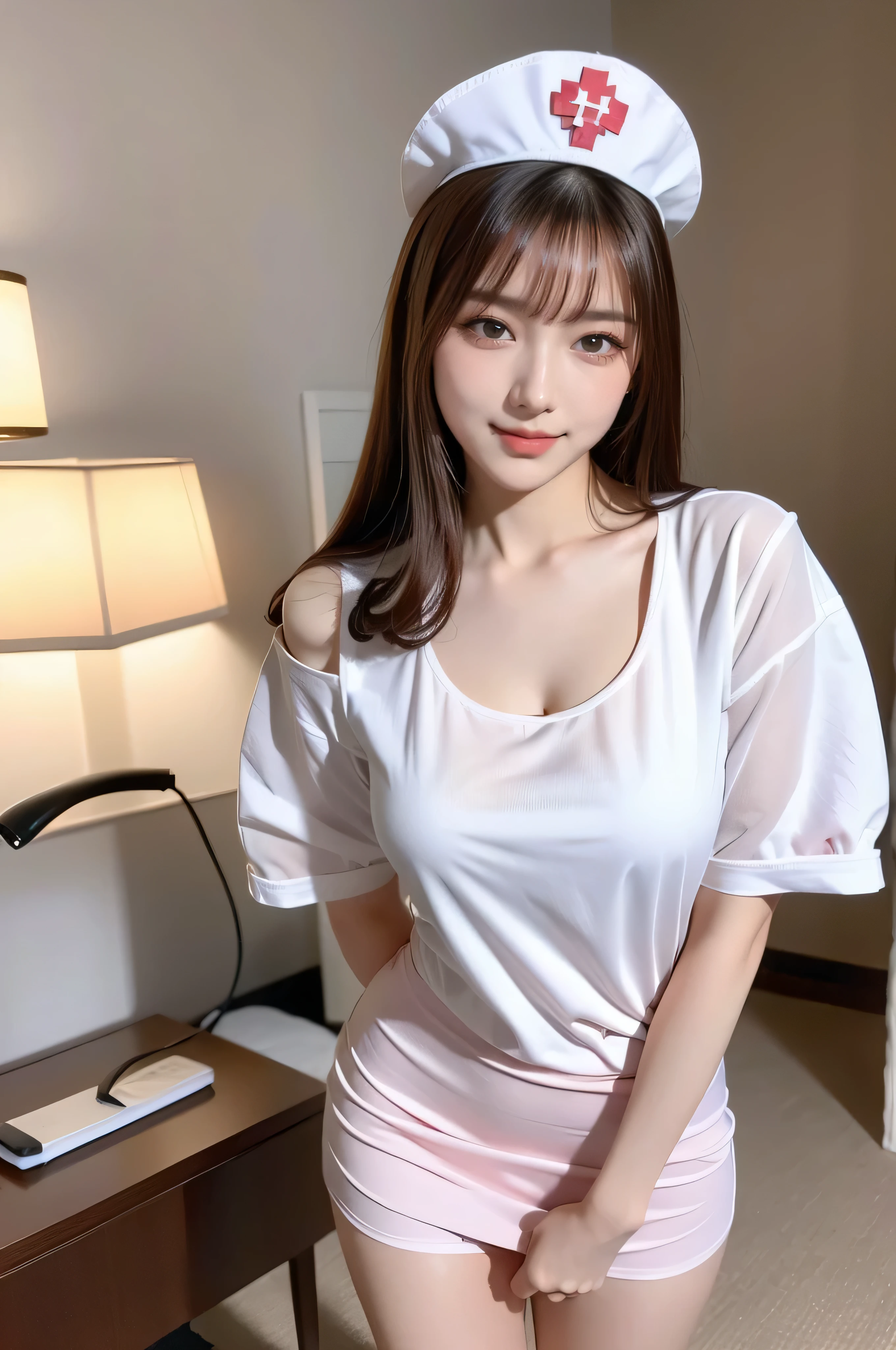 face like kim tae hee、looking at the viewer、spoiled look、In a hotel suite、16 year old girl、Wearing pajamas that are popular in Japan、E cup breast bulge