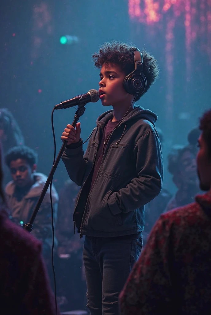 Boy on mic in headphones