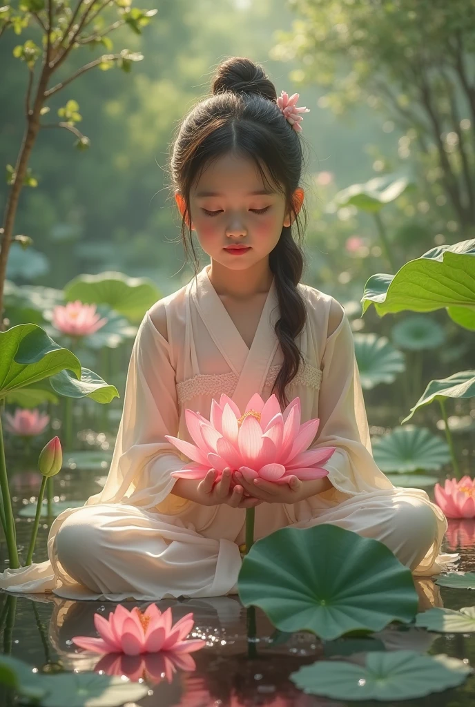 arafed image of a little girl sitting on a bed with lotus flowers, palace ， a girl in hanfu, young goddess, pink zen style, sitting on a lotus flower, praying meditating, yanjun chengt, standing gracefully upon a lotus, by Qu Leilei, by Li Song, chinese girl, lotus floral crown girl