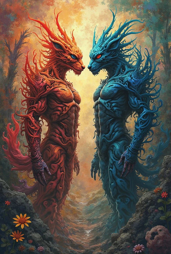 draw and create two characters, they must be formless non-human beings like studio ghibli . Strength and Movement they are friends adventurers and super brave. Strength robust red and Movement light blue, these on a fantastic land with forests, mountains and flowers, with running poses