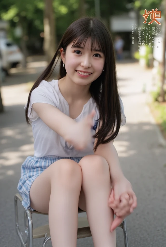 master piece, Best Quality,( Japan girl:1.5),(Looks like you're about to cry:1.3) ,(M-shaped legs spread on a park bench:1.8),(Summer clothes and hairpins for junior high school girls:1.8),Brown eyes,(Small:1.7),(long straight hair down to the knees:1.5),(Slender body,Skinny Legs),A detailed eye,Very white skin,Letting down your bangs,Detailed body,Detailed hand,No makeup, full body Esbian, Smile,smile showing white teeth