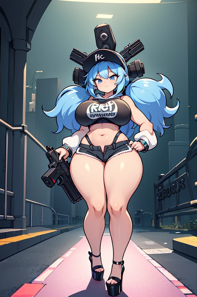 1girl, large breasts, breasts, thick thighs, hourglass figure, toned, smile, light smile, blue hair, light blue hair, blue eyes, very short hair, pixie cut, shoes, sneakers, thighhighs, bikini, black bikini, jacket, black jacket, open jacket, neon trim, neon, neon lights, blue trim, tech, machinery, science-fiction, futuristic