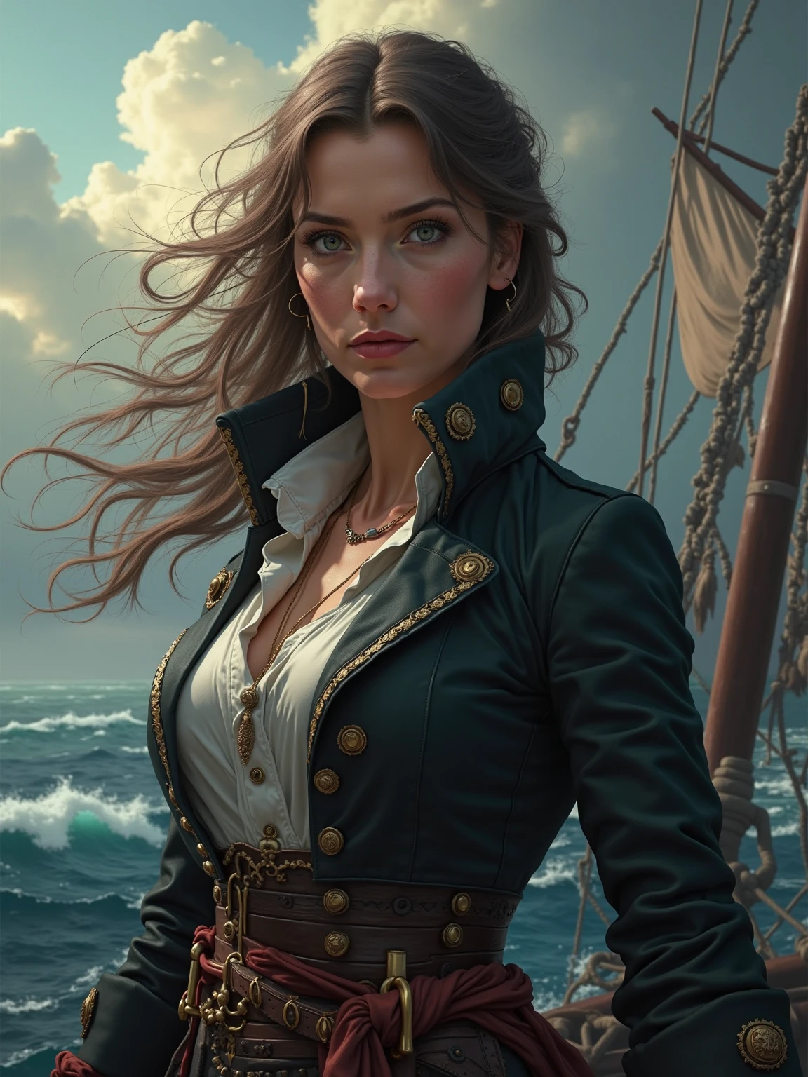 Danielle van de Donk, full body potrait of a photorealistic beautiful woman, (aboard a pirate ship:1.50), intense coloration fantasy, light hair, a stunning realistic photograph 20 years , random colored hair, (multiple women pirates dancing together:1.3), random color eyes, full body, cover, hyperdetailed painting, luminism, octane render, Bar lighting, complex, 8k resolution concept art portrait by Martina Fačková and Prywinko Art, Artgerm, WLOP, Alphonse Mucha, Tony Taka, fractal isometrics details, photorealistic face, hypereallistic cover photo awesome full color, hand drawn, bright, gritty, realistic color scheme, davinci, .12k, intricate. hit definition , Beethoven, cinematic,Rough sketch, mix of bold dark lines and loose lines, bold lines, on paper , real life human