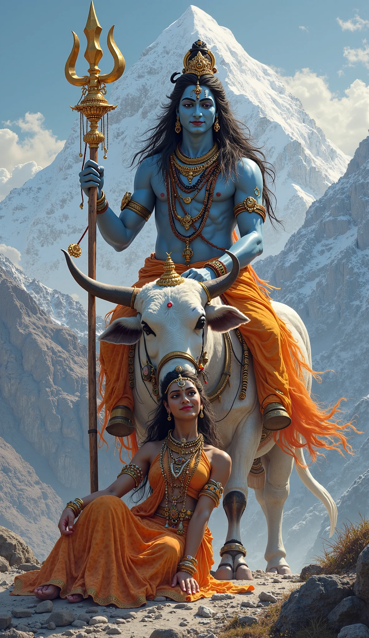 Mascular light blue skin tone Lord Shiva (with trishul and damru) and beautiful Goddess Parvati (fair skin), both riding a big masculer ox, mount kailash in the background, dark blue tone night sky with a touch of mystery.