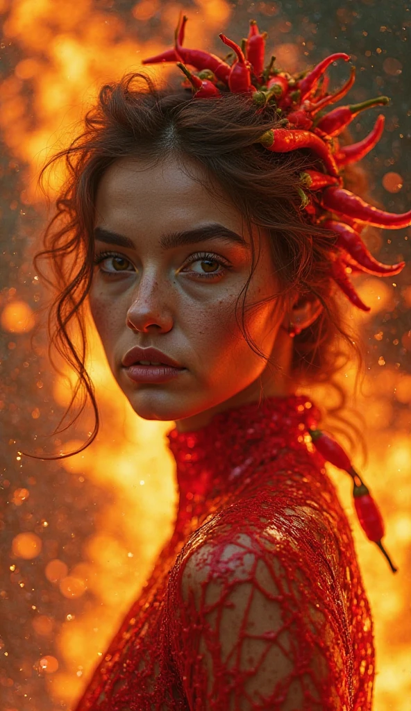 "A stunning young woman mid-transformation into a fiery red chili pepper. Her skin starts turning glossy red, her fingers elongating into chili-like curves. Strands of her hair morph into twisting flames, glowing with intense heat. Her eyes shimmer with spice and mystery as green chili leaves sprout from her shoulders. The background burns with a fiery aura, swirling with embers and smoke, capturing the heat of the transformation. A dramatic and surreal fusion of beauty and spice!"