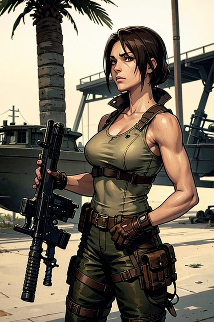 a military woman, well trained body, Toned body, medium breasts, big hip, small waist, looking at the viewer in a threatening manner, white sleeveless t-shirt, Exposed collarbone, beige leather shelter, blue pants, two leather belts with gun pockets, dark brown hair, carving, Brown eyes, hazel left eye, left eye with a scar, at daytime, playa, palm trees around, In a post-apocalyptic environment, post - apocalyptic cowgirl, Post - Apocalyptic style, Post apocalyptic clothing, pose, post-apocalyptic, Postapocalyptic style, post apocalyptic grunge, Post - Apocalyptic Scavenger. (Ultra quality) 8k quality, detailed, perfect light, perfect angle, perfect sharpness.