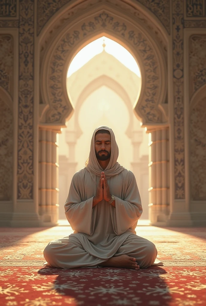 A Muslim man is silent on the prayer mat with one finger to his lips, eyes closed, at dawn