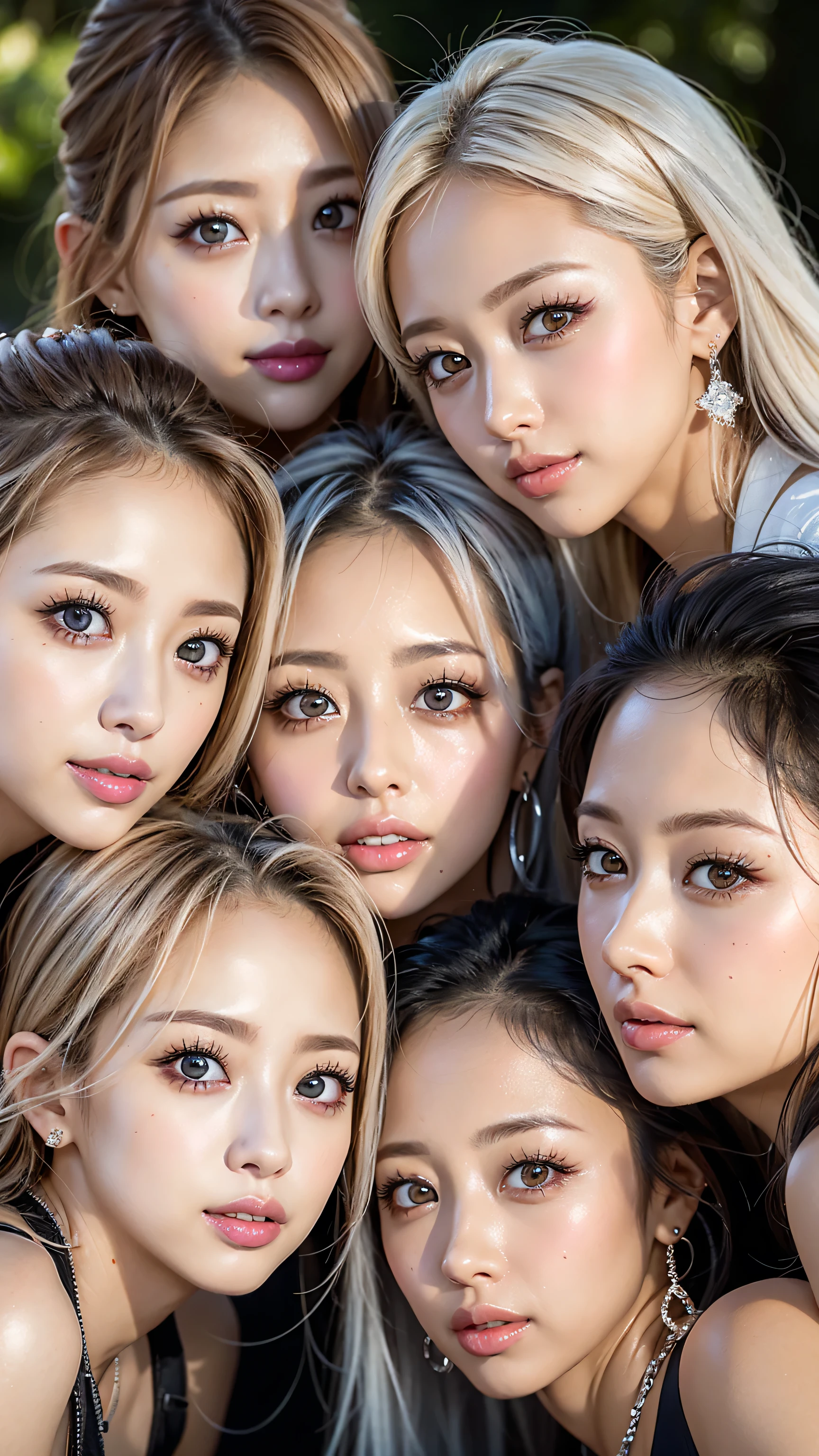 8k,high definition、 ultra clear 、 eyes match 、is staring at me、 I'm watching a close-up。My Face 、 すべての eyes match、 click here、I want to get close to beautiful women nearby 、 big nipples , huge nipples,Look at me with a smile 、vision、 Beautiful platinum colored hair 、 pose 、 4 beautiful women look at our beautiful long legs from an angle 、 I'm watching in close-up、I want to make eye contact with everyone, My lips stick out