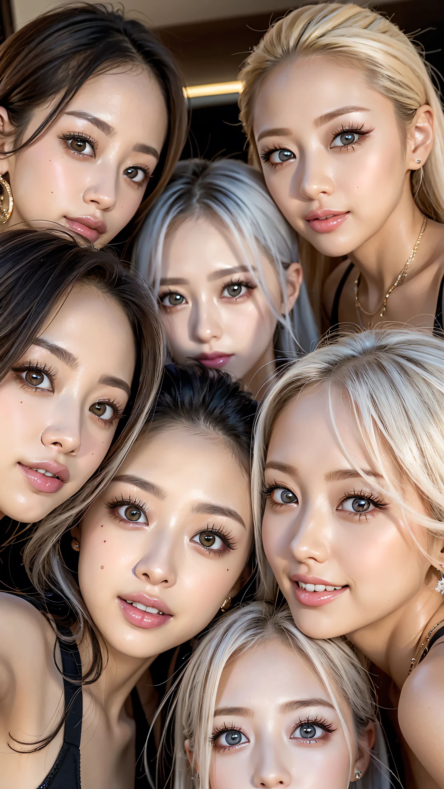 8k,high definition、 ultra clear 、 eyes match 、is staring at me、 I'm watching a close-up。My Face 、 すべての eyes match、 click here、I want to get close to beautiful women nearby 、 big nipples , huge nipples,Look at me with a smile 、vision、 Beautiful platinum colored hair 、 pose 、 4 beautiful women look at our beautiful long legs from an angle 、 I'm watching in close-up、I want to make eye contact with everyone, My lips stick out