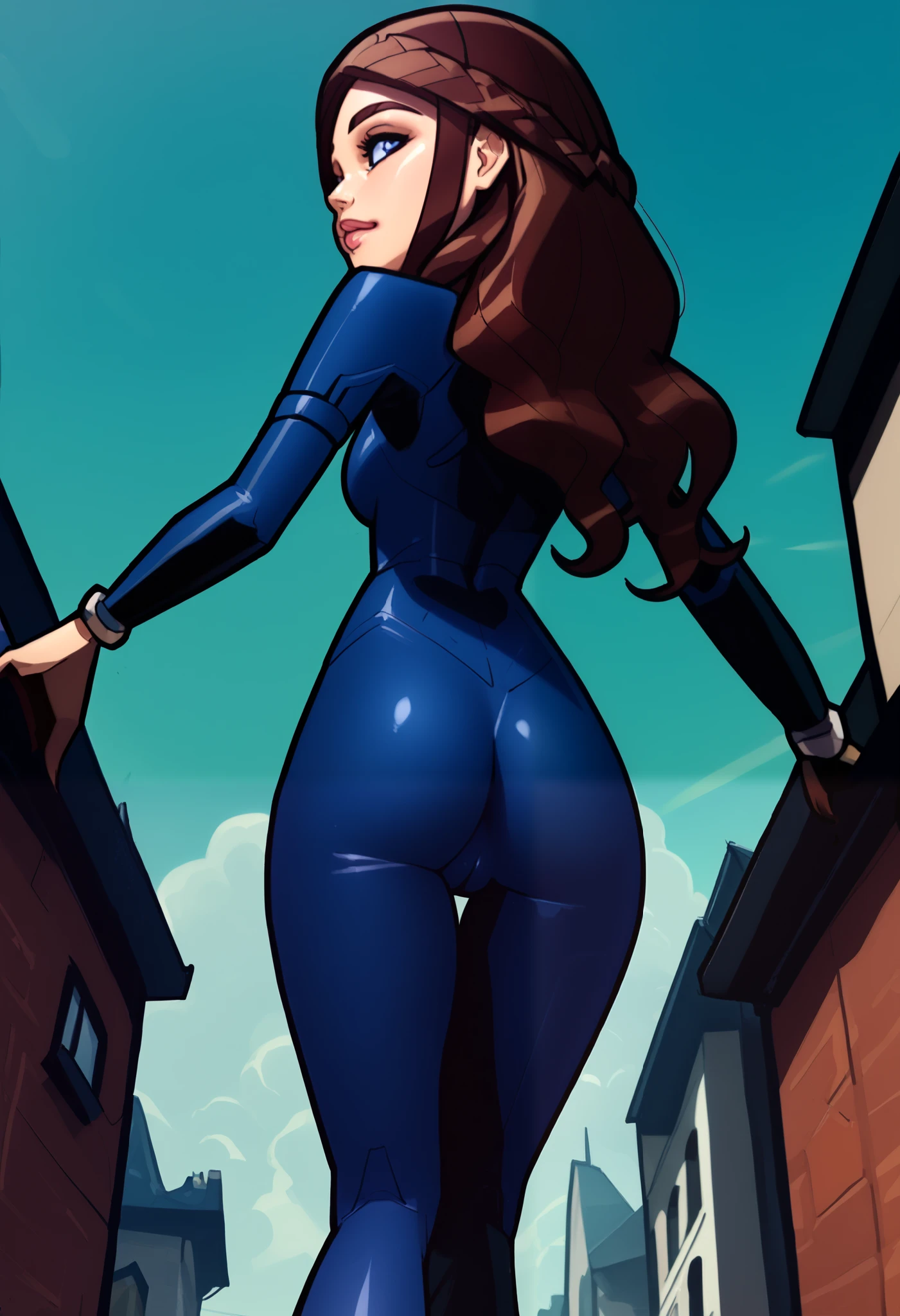 Beautiful woman high quality hyper detailed masterpiece best quality Black widow marvel curvy woman huge breasts thin waist wide hips thick thighs big ass curves thincc Superhero pose in highly low-cut clothes smiling background cities afternoon Perfect anatomy good anatomy beautiful female face From the back, ass, focus, cheeks on butt, tilted, cheeks on butt, torn pants, ass, sample, shame, laughed