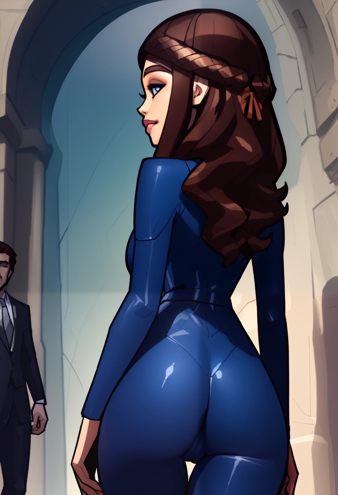 score_9, score_8_up, score_7_up, score_6_up, BREAK, ass focus, super low angle, Alia Atreides, 1girl, solo, brown hair, long hair, braided hair, mostly facing-away, glancing back, slightly turned head, blue eyes, lips, ass, curve-hugging glossy bodysuit, highly detailed textures, glistening skin, moist, young female, lolita, walking, one leg in front, contrapposto pose, big booty, inspired by artwork by david balsamique, emphasis on lewdness, emphasis on sexualization of her butt and potential cameltoe, very-detailed cameltoe, very-sexy stillsuit. "From behind the Dune" style of artwork, H-game CG reward,