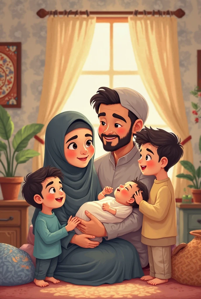 One Islamic man and Islamic women tow beby girls and on beby boy