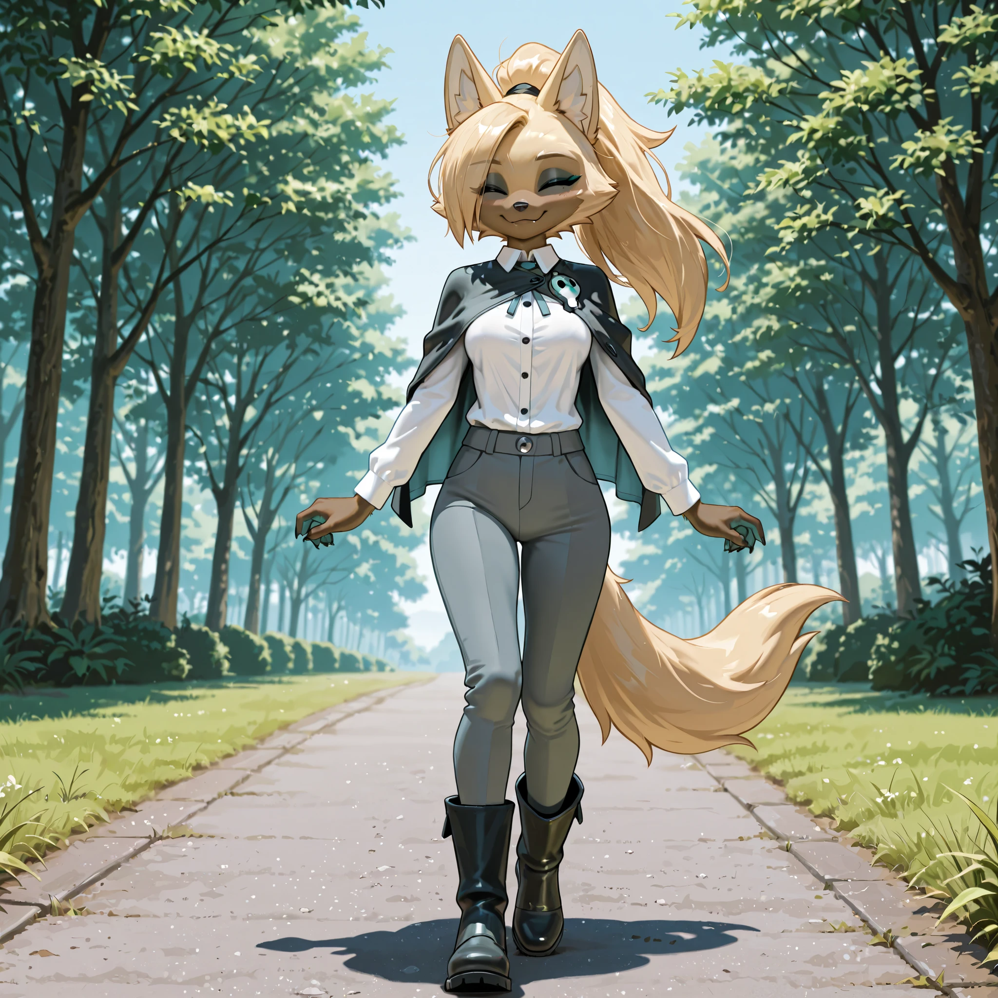 masterpiece, best quality, amazing quality, high resolution, absurdres, newest, anthro, Solo, Whisper the wolf, standing, blonde furry body, countershading, eyes closed, wearing black caplet, white shirt, walking, , grey pants, black boots, outdoors, playful pose, smile