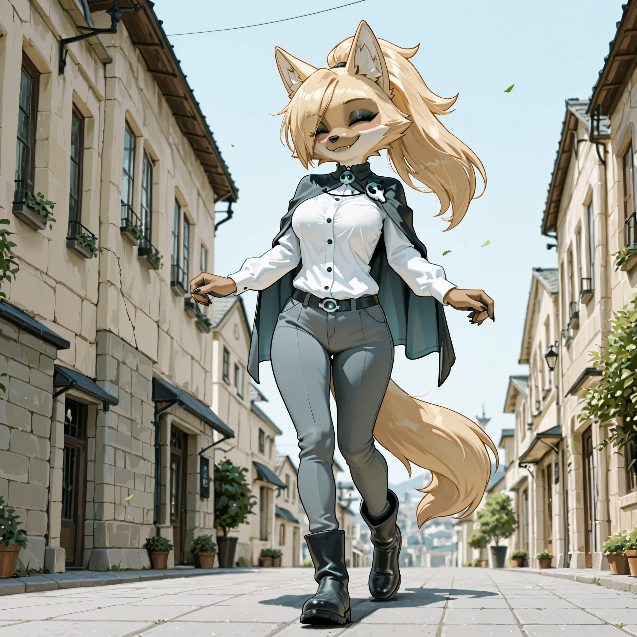 masterpiece, best quality, amazing quality, high resolution, absurdres, newest, anthro, Solo, Whisper the wolf, standing, blonde furry body, countershading, eyes closed, wearing black caplet, white shirt, walking, , grey pants, black boots, outdoors, playful pose, smile