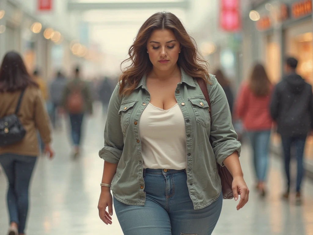 Cuckold chubby mature thic bbw white (56 fifty-six years old) hotwife, brown long hair, chubby belly,with blue jeans and pink blouse, golden necklace, talking with tall man,smiley expression,walking in shopping Center mall,macy's,full of people shooping, illustrations, ultra-detailed, realistic, vivid colors, full body picture, warm tones, soft lighting,