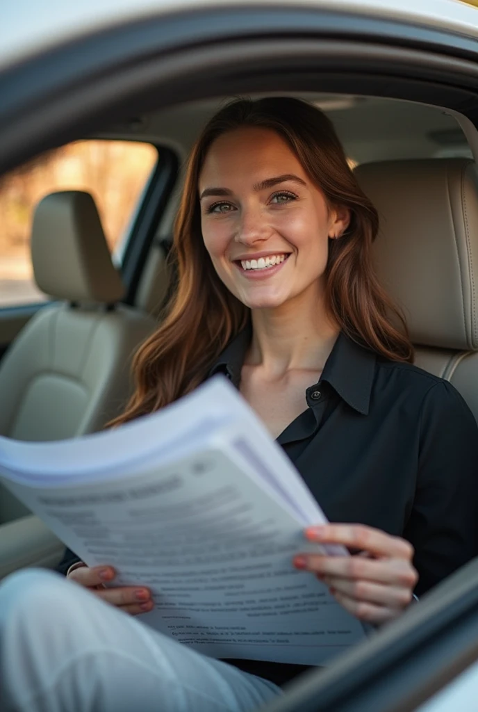 1 woman reading a very sensual digital book, by the steering wheel, charming beauty, A slight smile on your face,living , Lush woman, but long blonde and straight, medium breasts, White shirt (60 % transparent), Light blue tights, insurance or taco, Looking at the horizon in front of the camera. (Richness of details, 8k, suitable brightness)