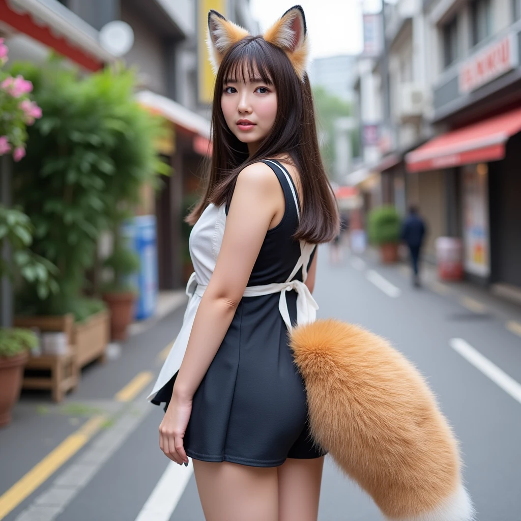 Girl with a fox tail in a skirt and white shirt,  foxgirl, Fox tail,  a beautiful kitsune woman,  Photorealsitic, female furry mini cute style, reallistic, hyper realstic, White panties, a picture, top-quality, Bushy tail, Surprised face