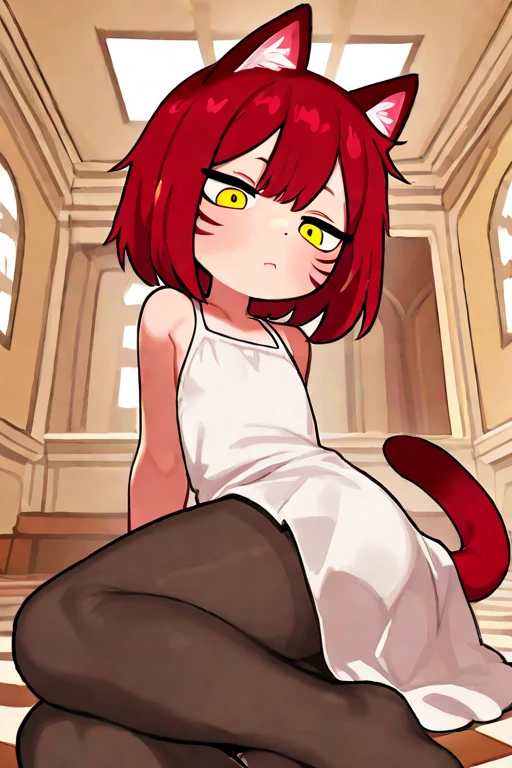 small breasts, flat chest, blush, long white arm gloves, long white stockings, sweat, happy, Cum in mouth, naked, nude, blush, black smudged eyeliner, On knees, looking at the viewer, fake cat ears, hands in front holding a leash